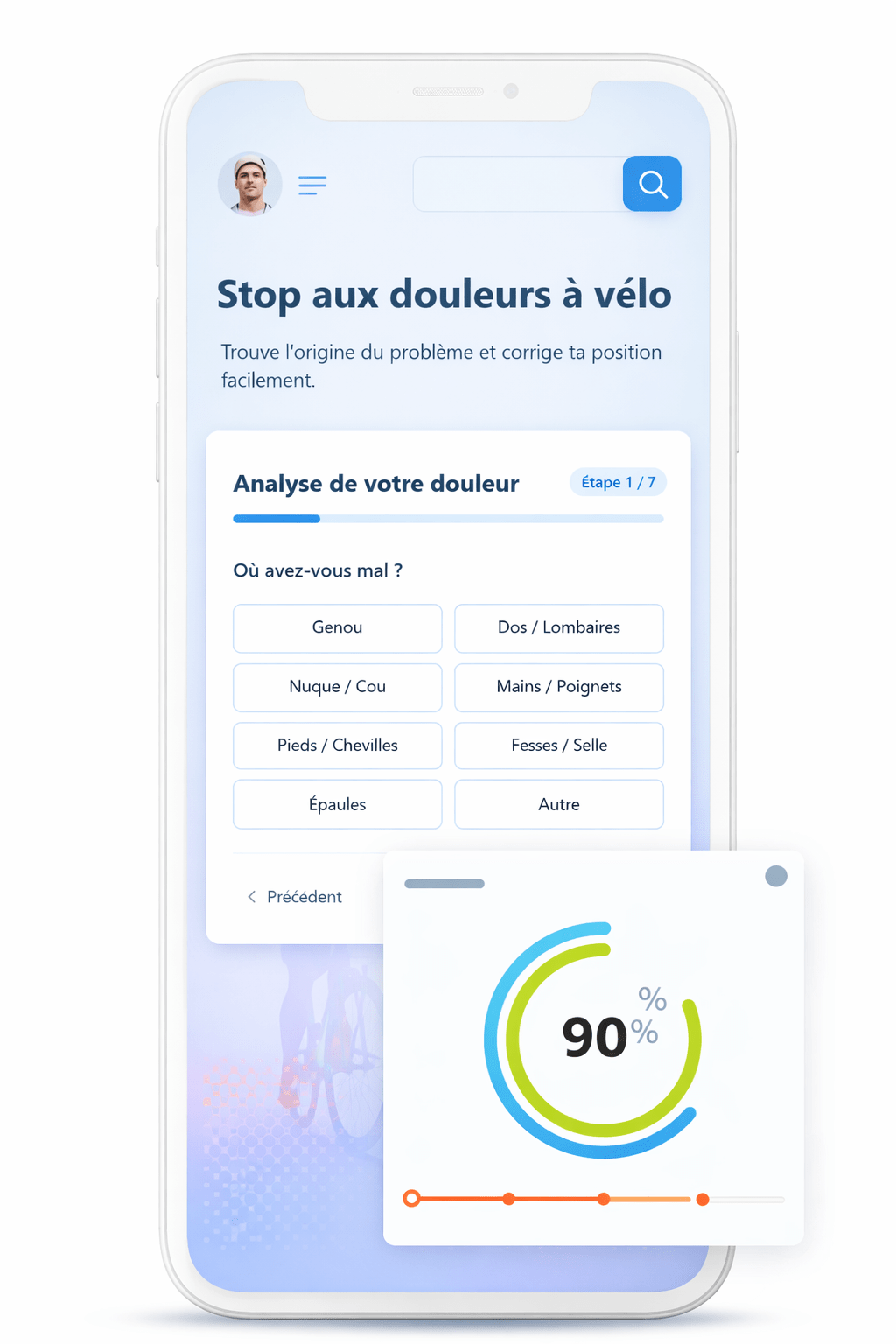 Application douleurs vélo sur smartphone affichant diagnostic personnalisé des douleurs cyclistes et recommandations de réglage vélo